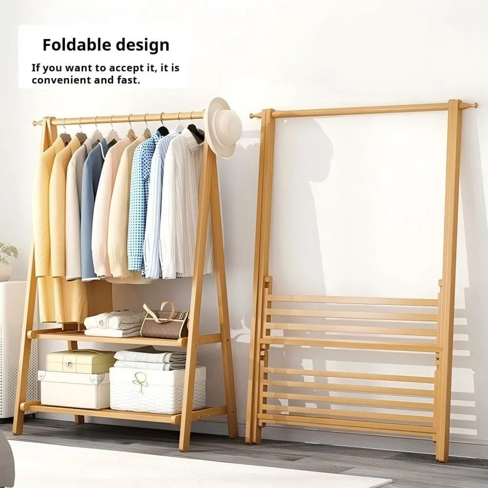 رخت آویز تاشو بامبو، رخت آویز چند منظوره برای آویزان کردن لباس، رخت آویز ایستاده با میله و 2 طبقه قفسه ذخیره سازی پایین، رخت آویز برای اتاق خواب/نشیمن رخت آویز تاشو بامبو، رخت آویز چند منظوره برای آویزان کردن لباس، رخت آویز ایستاده با میله و 2 طبقه قفسه ذخیره سازی پایین، رخت آویز برای اتاق خواب/نشیمن