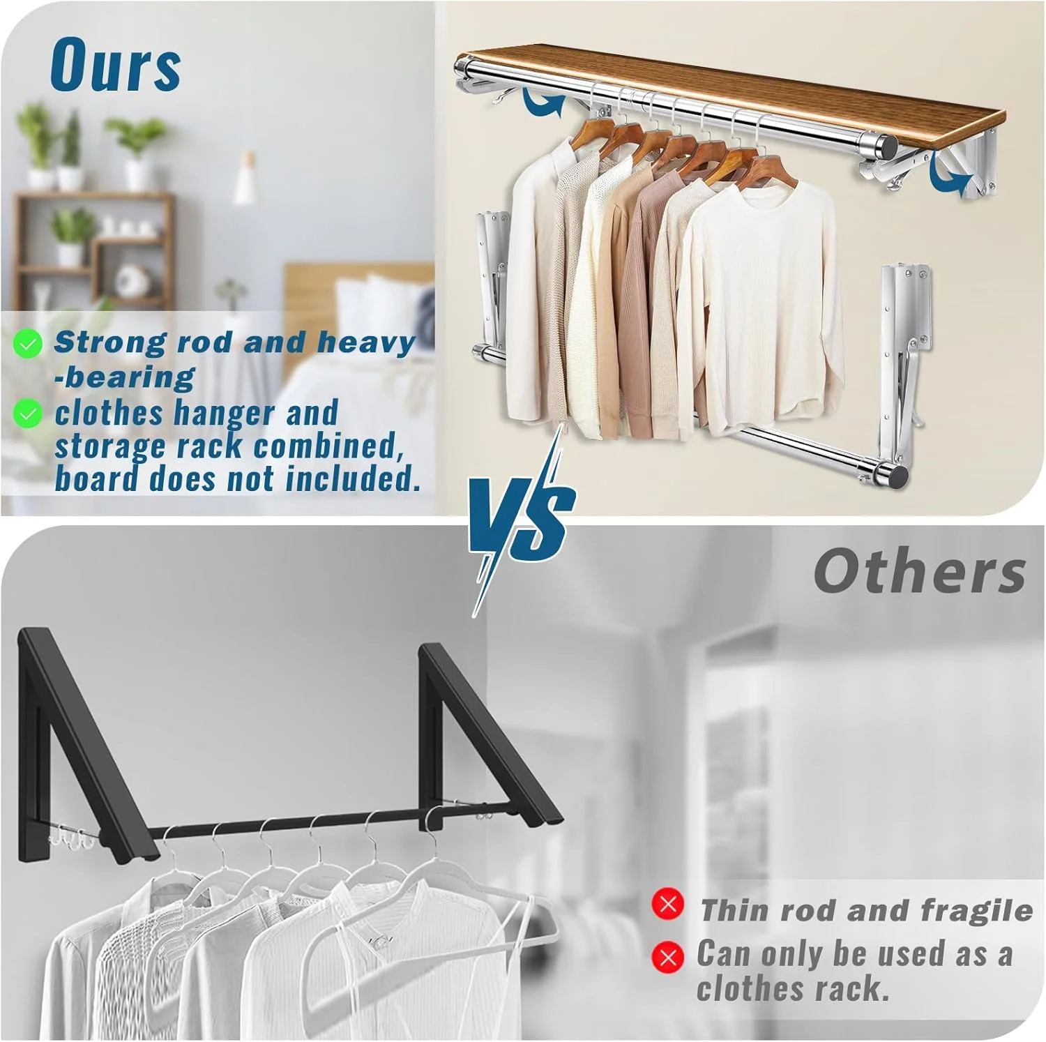 رخت آویز دیواری تاشو - میله 112 سانتی متری و 2 پایه، فولاد ضد زنگ، مقاوم، جداشدنی، چند منظوره برای صرفه جویی در فضا، مناسب برای آویز لباس/خشک کردن لباس/آویز گیاه، دارای طبقه بالایی رخت آویز دیواری تاشو - میله 112 سانتی متری و 2 پایه، فولاد ضد زنگ، مقاوم، جداشدنی، چند منظوره برای صرفه جویی در فضا، مناسب برای آویز لباس/خشک کردن لباس/آویز گیاه، دارای طبقه بالایی