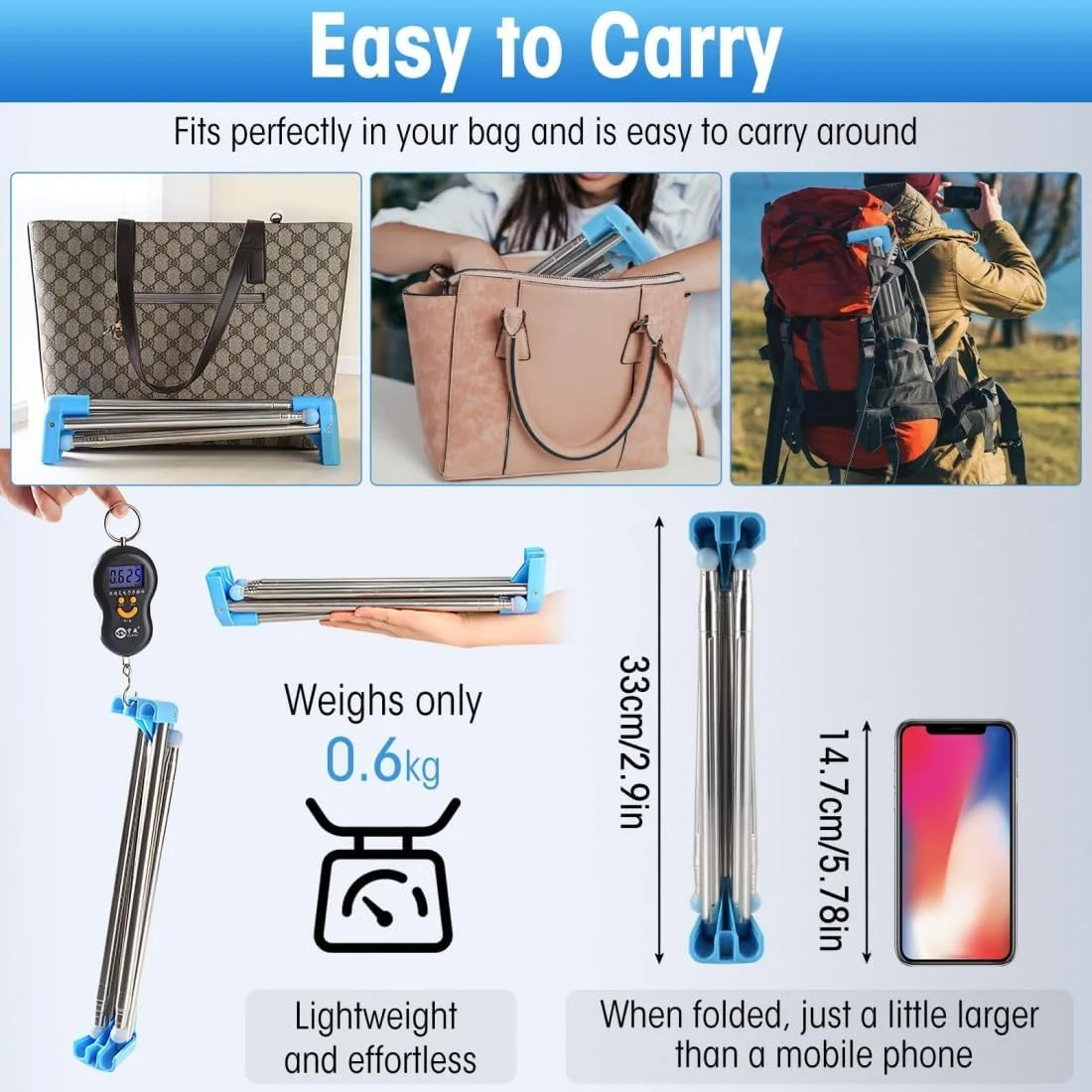 رخت آویز، بند رخت تاشو قابل حمل، میله خشک کن لباس 33 تا 71 سانتی متری با میله آویز جمع شونده، تشک ضد لغزش، فولاد ضد زنگ، مناسب برای اتاق خواب های داخلی، حمل و نقل مسافرتی