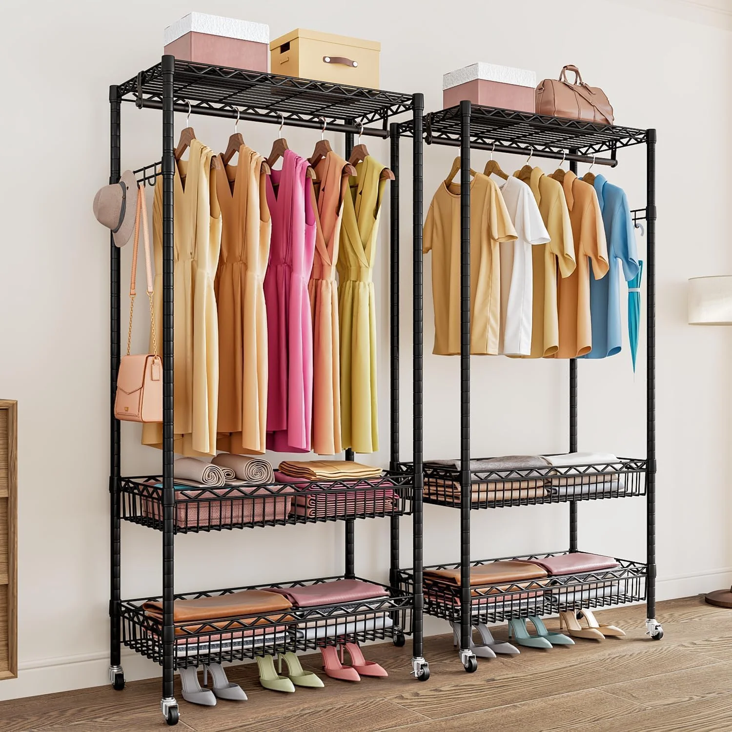 رگال لباس سیمی، رگال لباس چرخ دار برای آویزان کردن لباس، رگال کمد قابل حمل مستقل با میله آویز، سبد فلزی، رگال لباس سنگین با قفسه های ذخیره سازی روی چرخ (مشکی) رگال لباس سیمی، رگال لباس چرخ دار برای آویزان کردن لباس، رگال کمد قابل حمل مستقل با میله آویز، سبد فلزی، رگال لباس سنگین با قفسه های ذخیره سازی روی چرخ (مشکی)