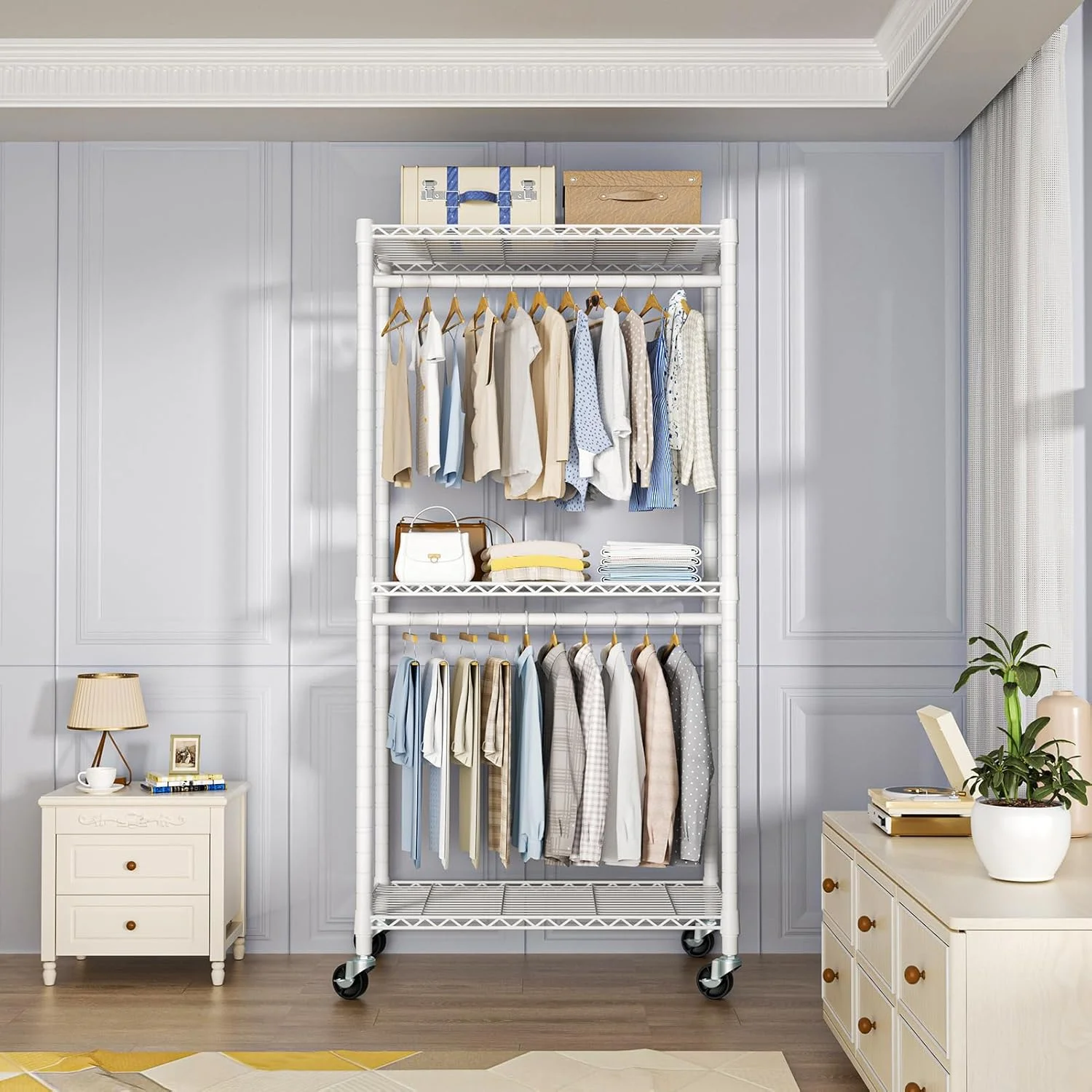 کمد لباس قابل حمل FUTASSI P2، رگال لباس چرخ دار سنگین، سیستم کمد لباس فلزی 3 طبقه، سازمان دهنده و نگهدارنده لباس با 2 چرخ قفل دار، سفید کمد لباس قابل حمل FUTASSI P2، رگال لباس چرخ دار سنگین، سیستم کمد لباس فلزی 3 طبقه، سازمان دهنده و نگهدارنده لباس با 2 چرخ قفل دار، سفید