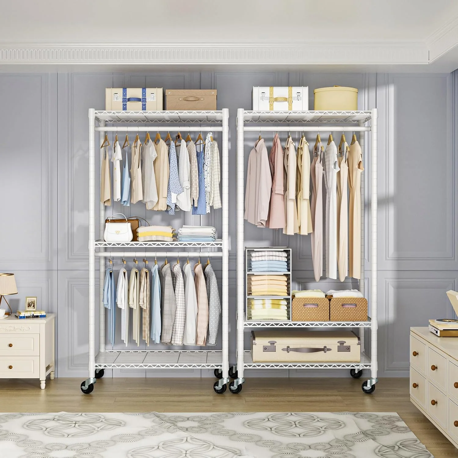 کمد لباس قابل حمل FUTASSI P2، رگال لباس چرخ دار سنگین، سیستم کمد لباس فلزی 3 طبقه، سازمان دهنده و نگهدارنده لباس با 2 چرخ قفل دار، سفید کمد لباس قابل حمل FUTASSI P2، رگال لباس چرخ دار سنگین، سیستم کمد لباس فلزی 3 طبقه، سازمان دهنده و نگهدارنده لباس با 2 چرخ قفل دار، سفید