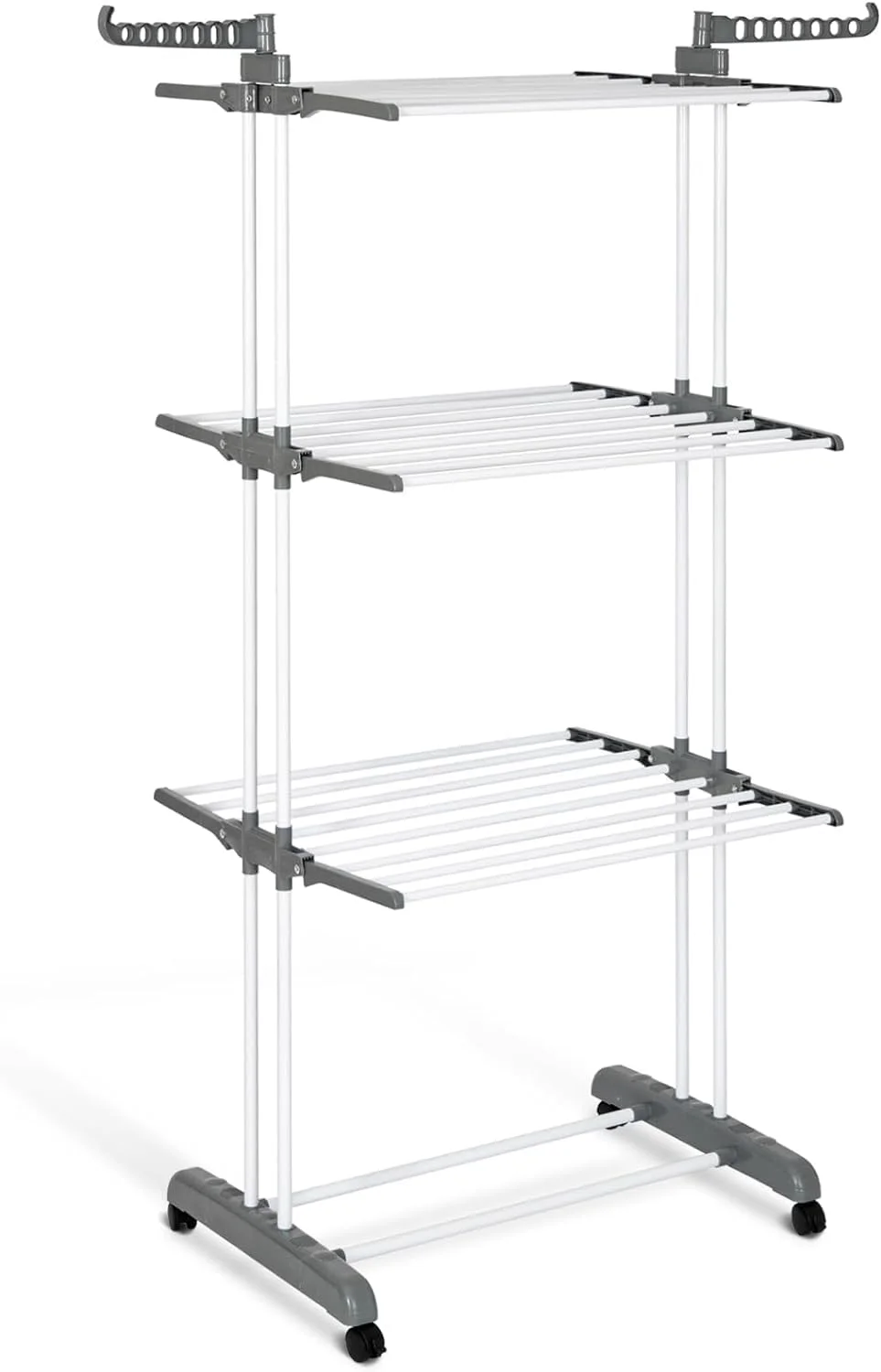 آویز لباس ۴ طبقه فری وی، بند رخت تاشو با باله های جانبی قابل تنظیم، بند رخت کم جا برای داخل و خارج خانه، سفید و خاکستری