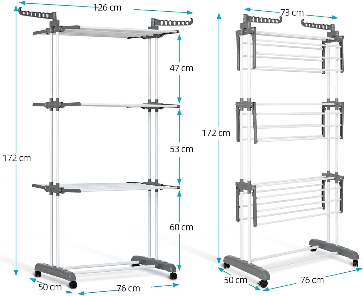 آویز لباس ۴ طبقه فری وی، بند رخت تاشو با باله های جانبی قابل تنظیم، بند رخت کم جا برای داخل و خارج خانه، سفید و خاکستری