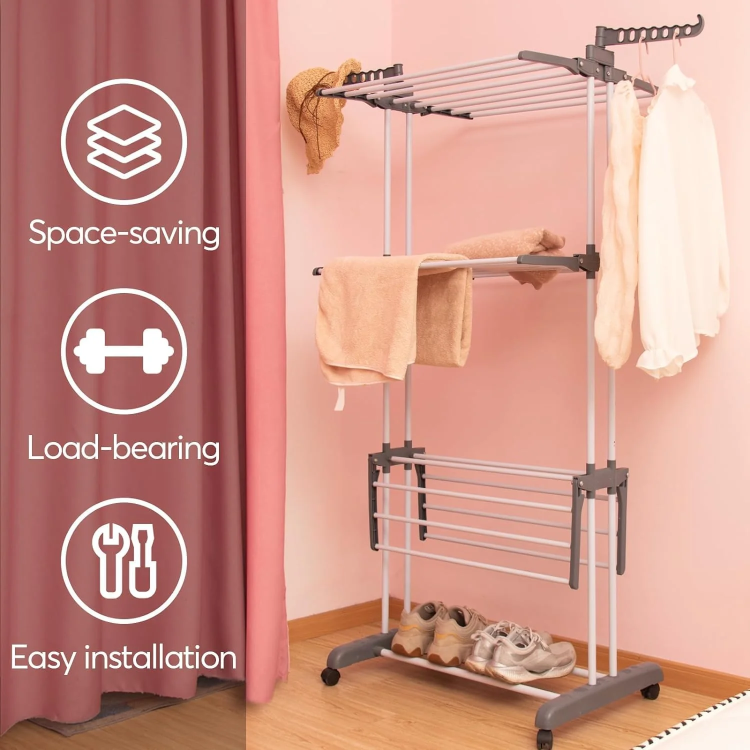 آویز لباس ۴ طبقه فری وی، بند رخت تاشو با باله های جانبی قابل تنظیم، بند رخت کم جا برای داخل و خارج خانه، سفید و خاکستری