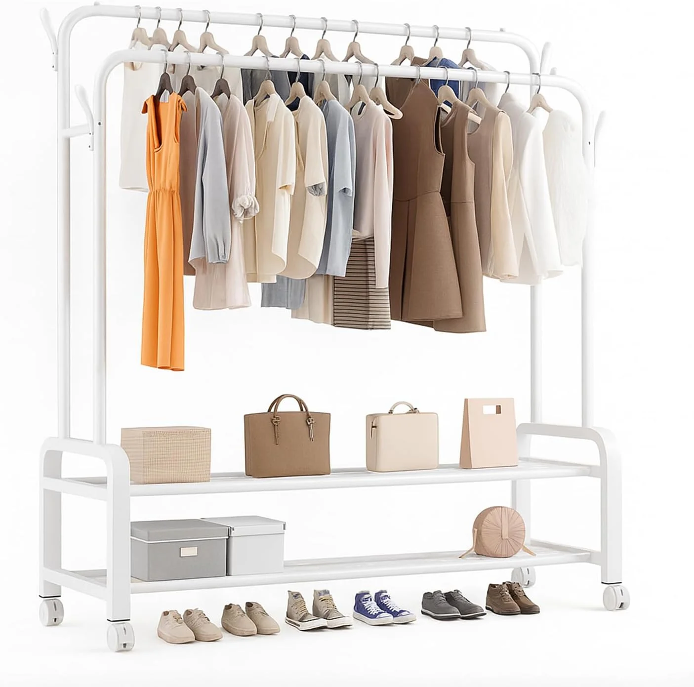 رگال لباس چرخ دار، رگال لباس دو میله ای چند منظوره برای اتاق خواب، رگال لباس ایستاده برای آویزان کردن لباس (سفید-4WL) رگال لباس چرخ دار، رگال لباس دو میله ای چند منظوره برای اتاق خواب، رگال لباس ایستاده برای آویزان کردن لباس (سفید-4WL)