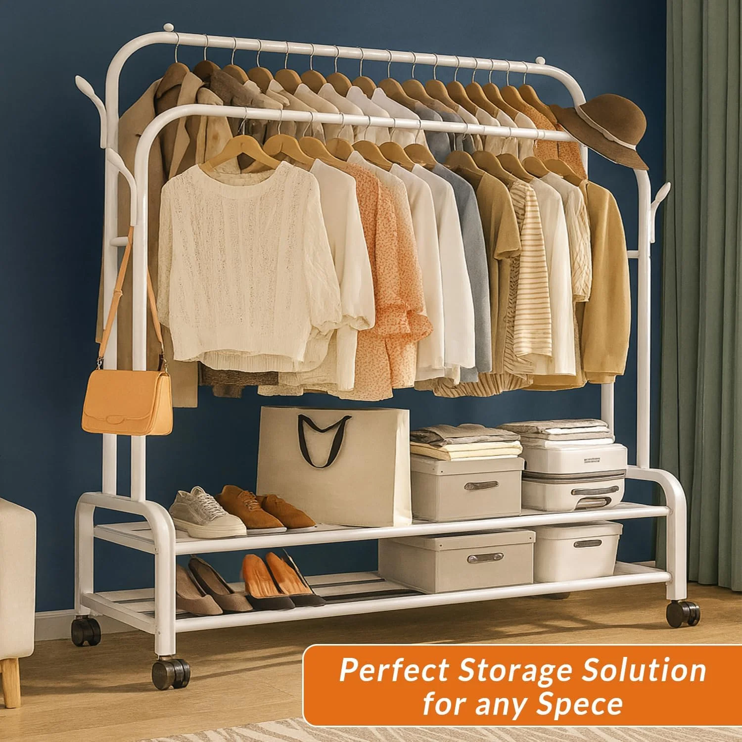 رگال لباس چرخ دار، رگال لباس دو میله ای چند منظوره برای اتاق خواب، رگال لباس ایستاده برای آویزان کردن لباس (سفید-4WL) رگال لباس چرخ دار، رگال لباس دو میله ای چند منظوره برای اتاق خواب، رگال لباس ایستاده برای آویزان کردن لباس (سفید-4WL)