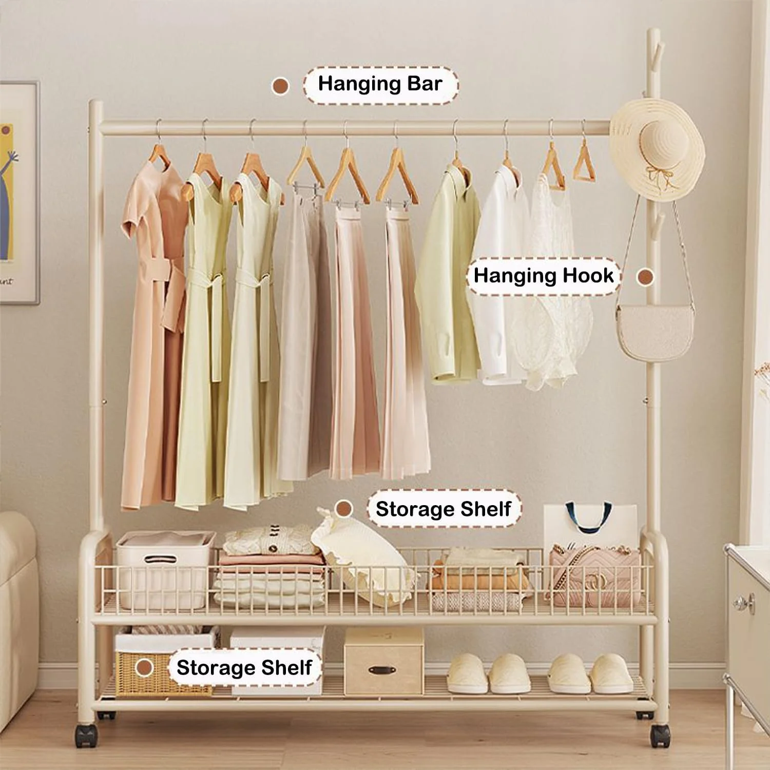 رگال لباس GGEROU، رگال لباس فلزی چرخ دار سنگین 3 در 1 با چرخ و 2 طبقه قفسه ذخیره سازی و قلاب آویز کت/کلاه، برای آویزان کردن لباس، کت، پیراهن، ژاکت، دامن (سفید) رگال لباس GGEROU، رگال لباس فلزی چرخ دار سنگین 3 در 1 با چرخ و 2 طبقه قفسه ذخیره سازی و قلاب آویز کت/کلاه، برای آویزان کردن لباس، کت، پیراهن، ژاکت، دامن (سفید)