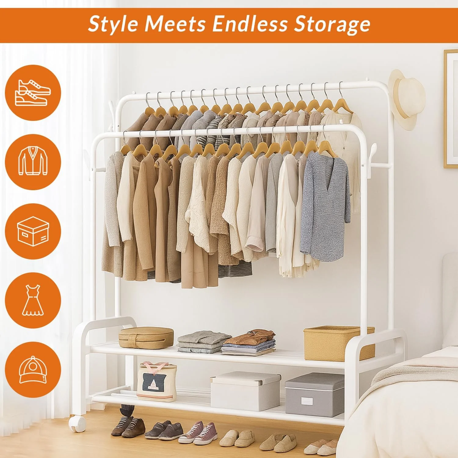 رگال لباس چرخ دار، رگال لباس دو میله ای چند منظوره برای اتاق خواب، رگال لباس ایستاده برای آویزان کردن لباس (سفید-4WL) رگال لباس چرخ دار، رگال لباس دو میله ای چند منظوره برای اتاق خواب، رگال لباس ایستاده برای آویزان کردن لباس (سفید-4WL)