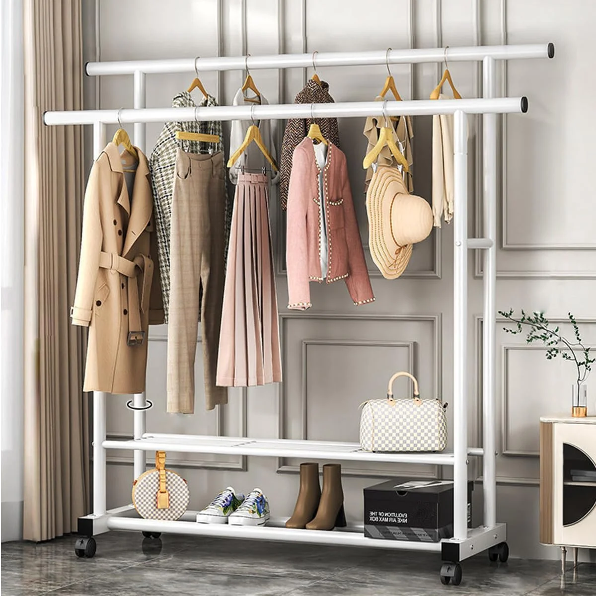 رگال لباس دو میله ای، استند فلزی آویز لباس با چرخ، رگال لباس ایستاده و مقاوم، ارگنایزر لباس با ظرفیت بالا به همراه قفسه کفش برای اتاق خواب، راهرو، ورودی (120 سانتی متر) رگال لباس دو میله ای، استند فلزی آویز لباس با چرخ، رگال لباس ایستاده و مقاوم، ارگنایزر لباس با ظرفیت بالا به همراه قفسه کفش برای اتاق خواب، راهرو، ورودی (120 سانتی متر)