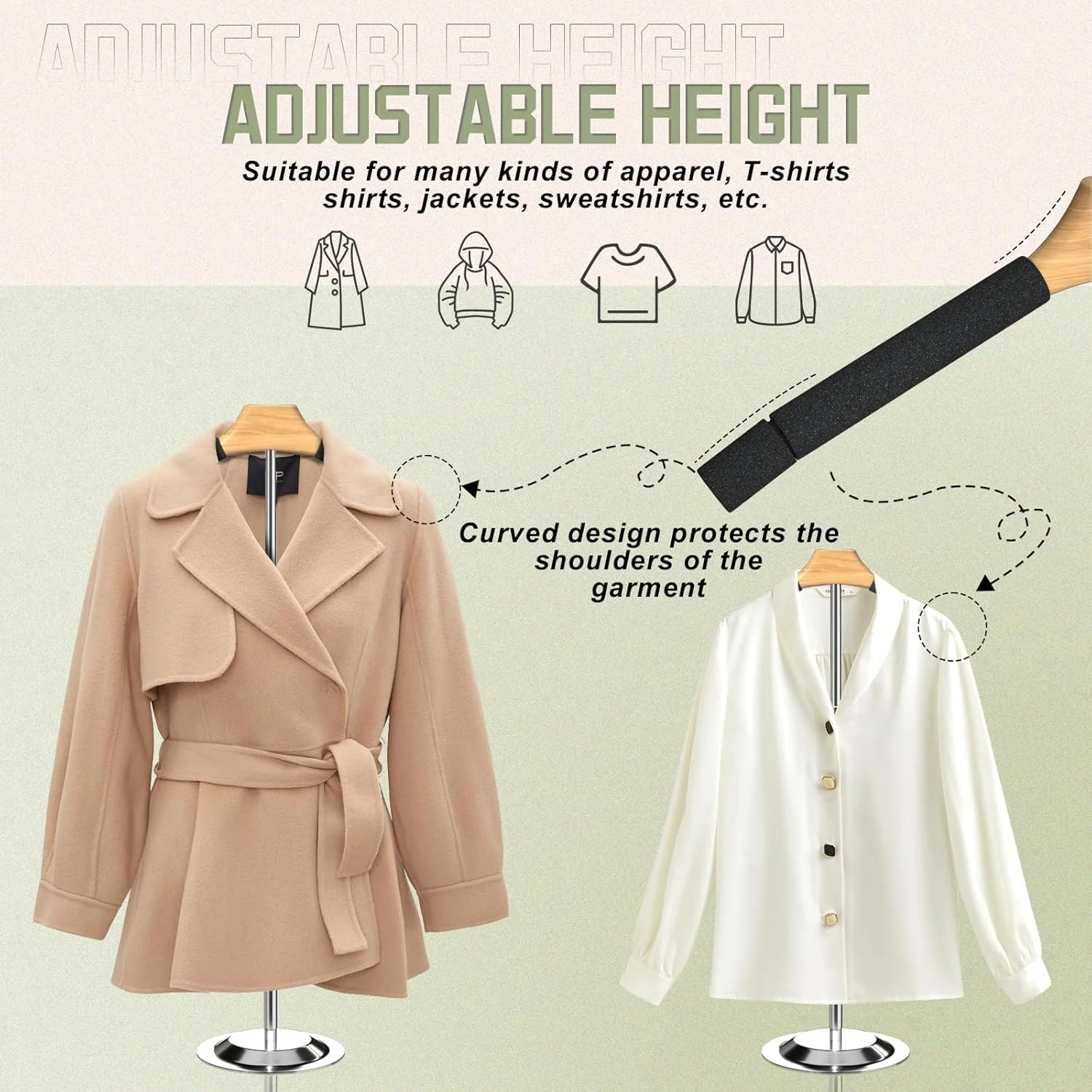 استند نمایش تیشرت قابل تنظیم برای فروشندگان، پایه شانه‌ای انعطاف‌پذیر 46.5 تا 79 سانتی‌متر، نمایشگر لباس فلزی مشکی آویز قابل حمل، استند آویز برای لباس، پیراهن، کت، فروشگاه