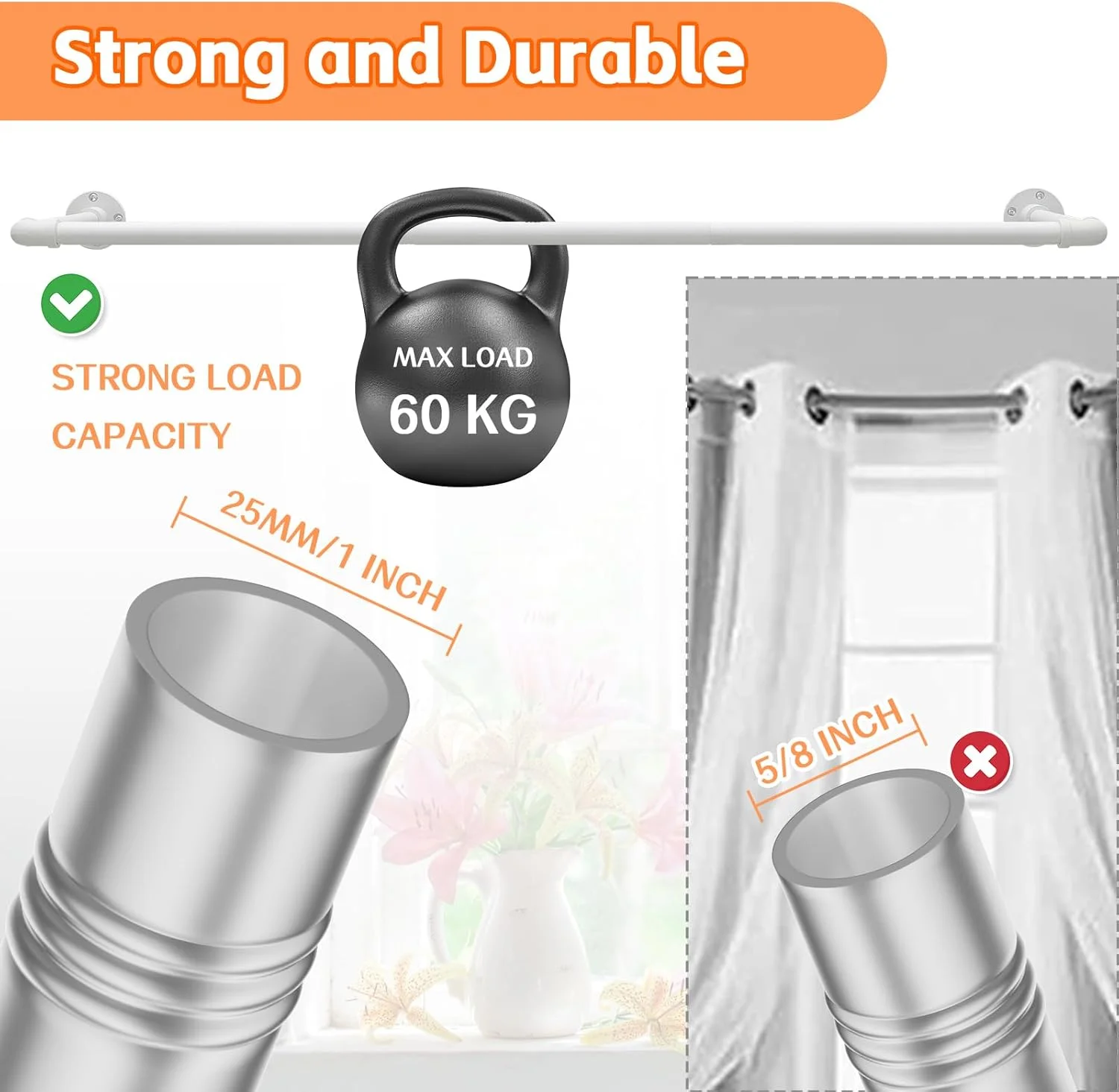 ریل لباس دیواری Harrms، 80 سانتی متر، سفید مات، لوله صنعتی، میله آویز لباس