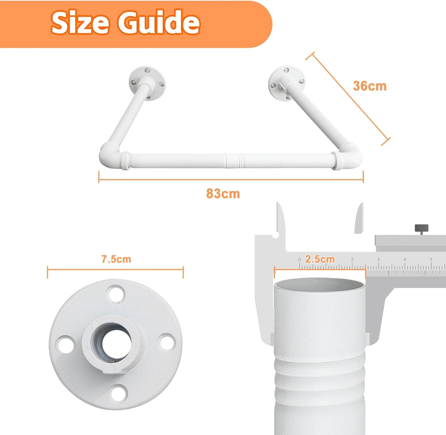 ریل لباس دیواری Harrms، 80 سانتی متر، سفید مات، لوله صنعتی، میله آویز لباس