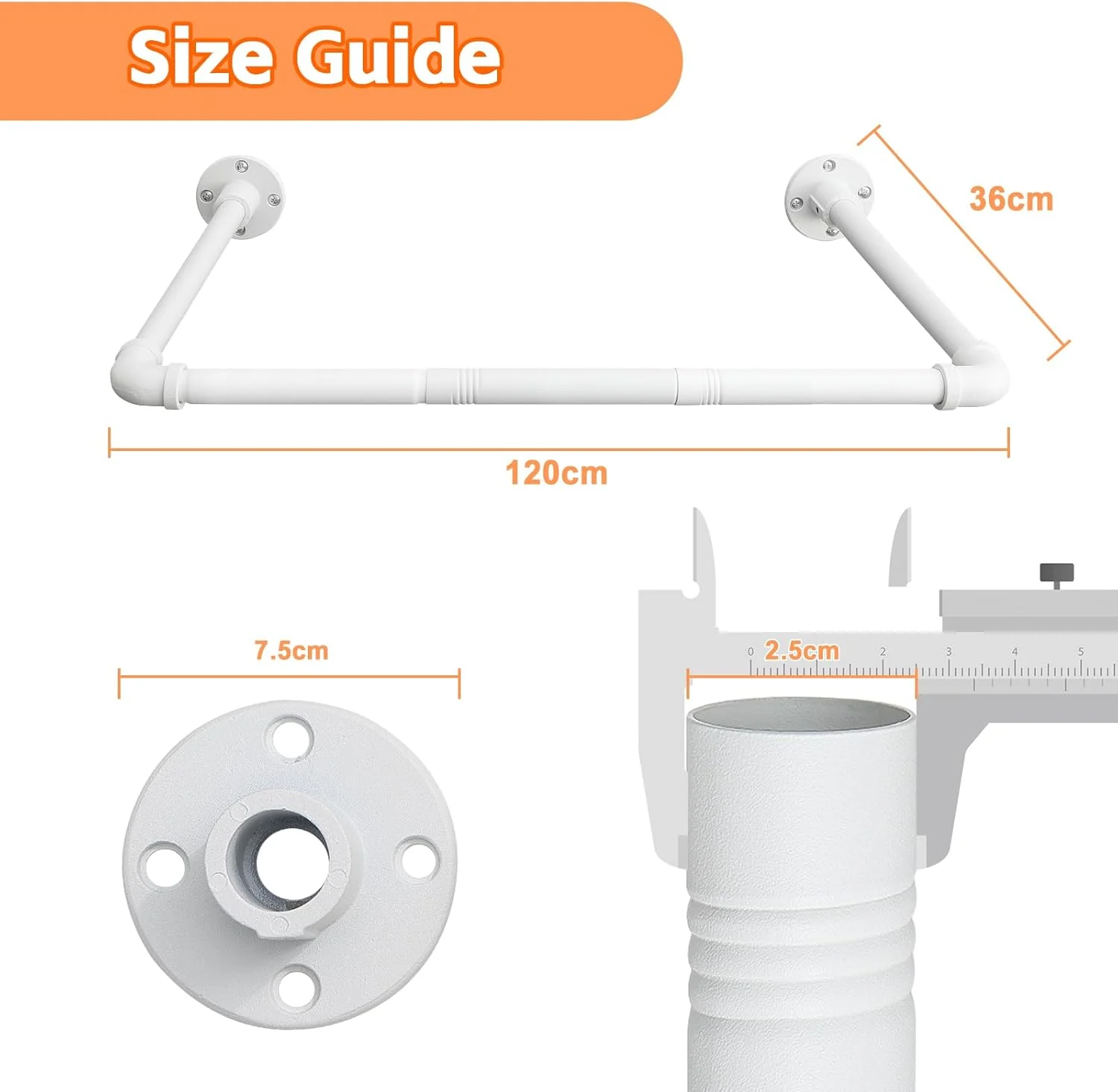 ریل لباس دیواری، ریل لباس 120 سانتی متری، سفید مات صنعتی، آویز لباس، ریل فلزی مقاوم برای اتاق خواب