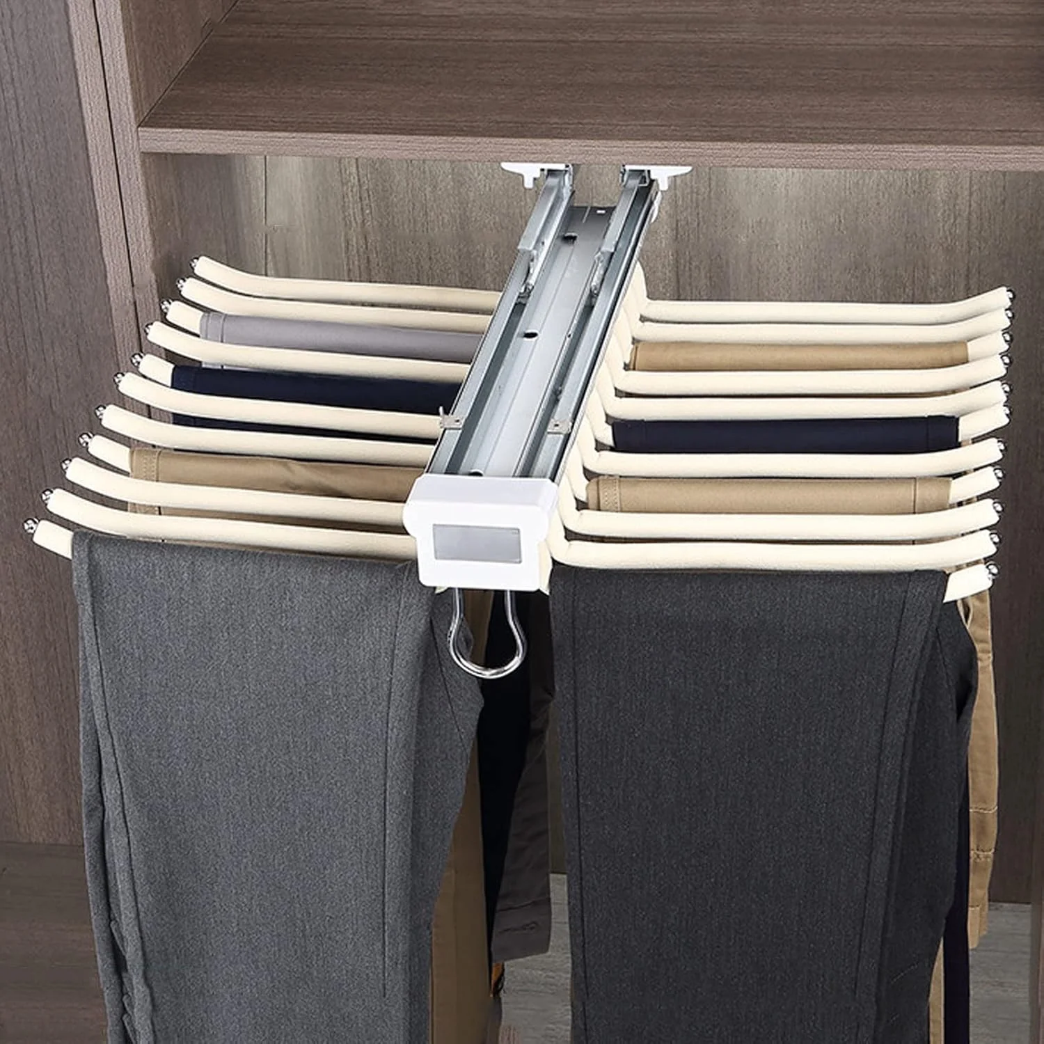 آویز شلوار ریلی کمد لباس، رگال شلوار کشویی، آویز لباس با قابلیت افزایش طول 10/11/22 بازویی، ریل های میرایی دو ردیفه، برای نصب جانبی/بالایی، سفید مایل به کرم - 58.5x46 سانتی متر