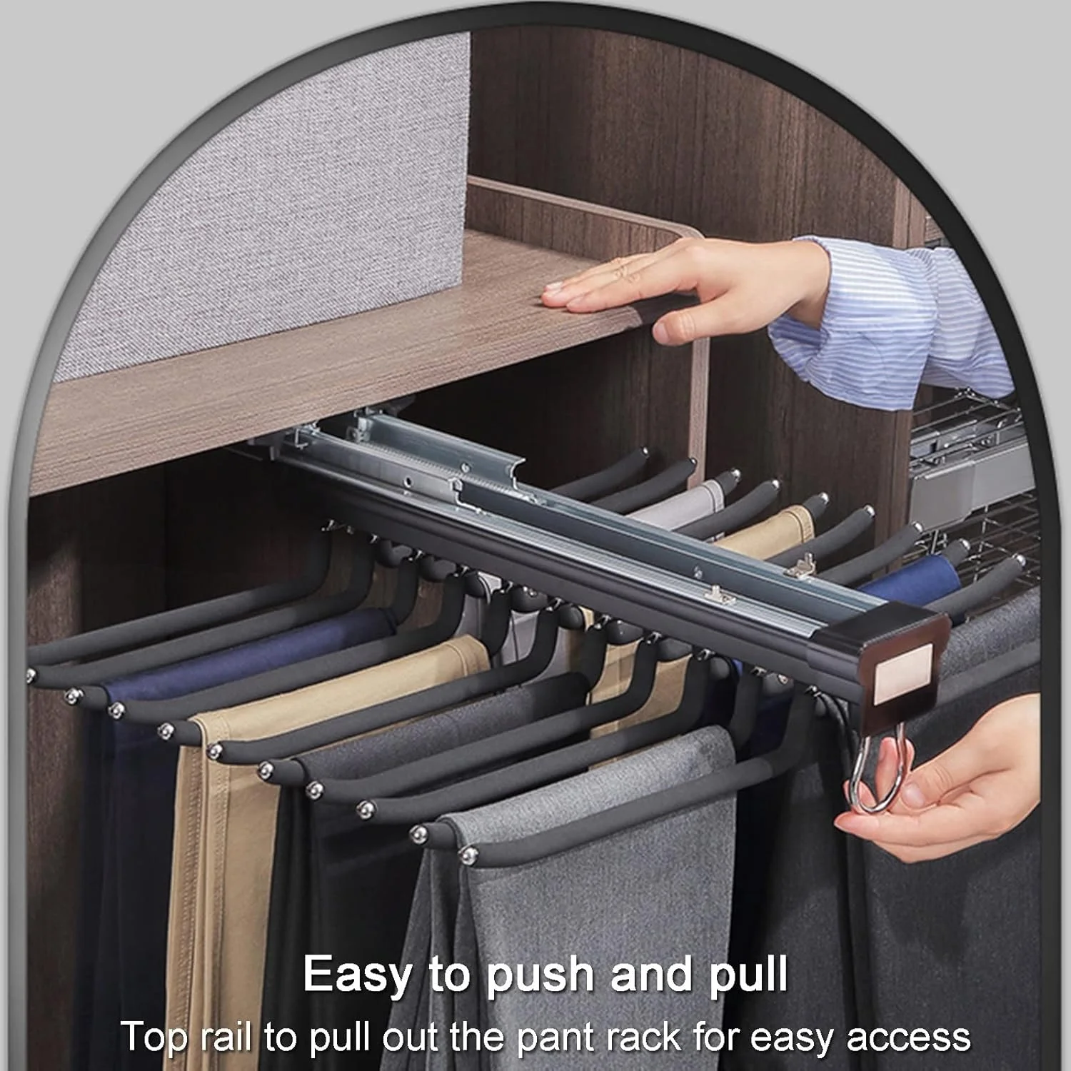 آویز شلوار ریلی کمد لباس، رگال شلوار کشویی، آویز لباس با قابلیت افزایش طول 10/11/22 بازویی، ریل های میرایی دو ردیفه، برای نصب جانبی/بالایی، سفید مایل به کرم - 58.5x46 سانتی متر