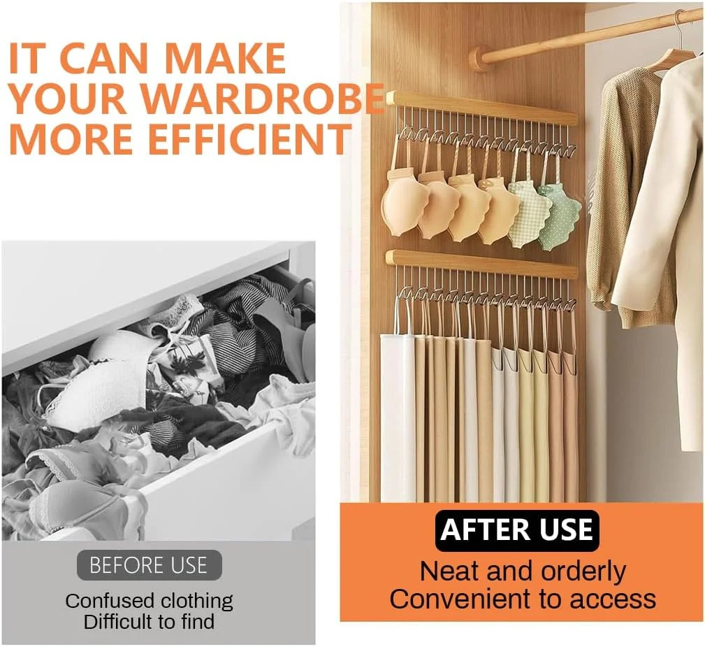 رگال سازمان دهنده کمد کشویی HASTHIP®، آویز دیواری راست کشویی، 12 قلاب استیل ضد زنگ، ریل قلاب چوبی کمد لباس برای لباس، کمربند، روسری، کراوات، کلاه، حوله