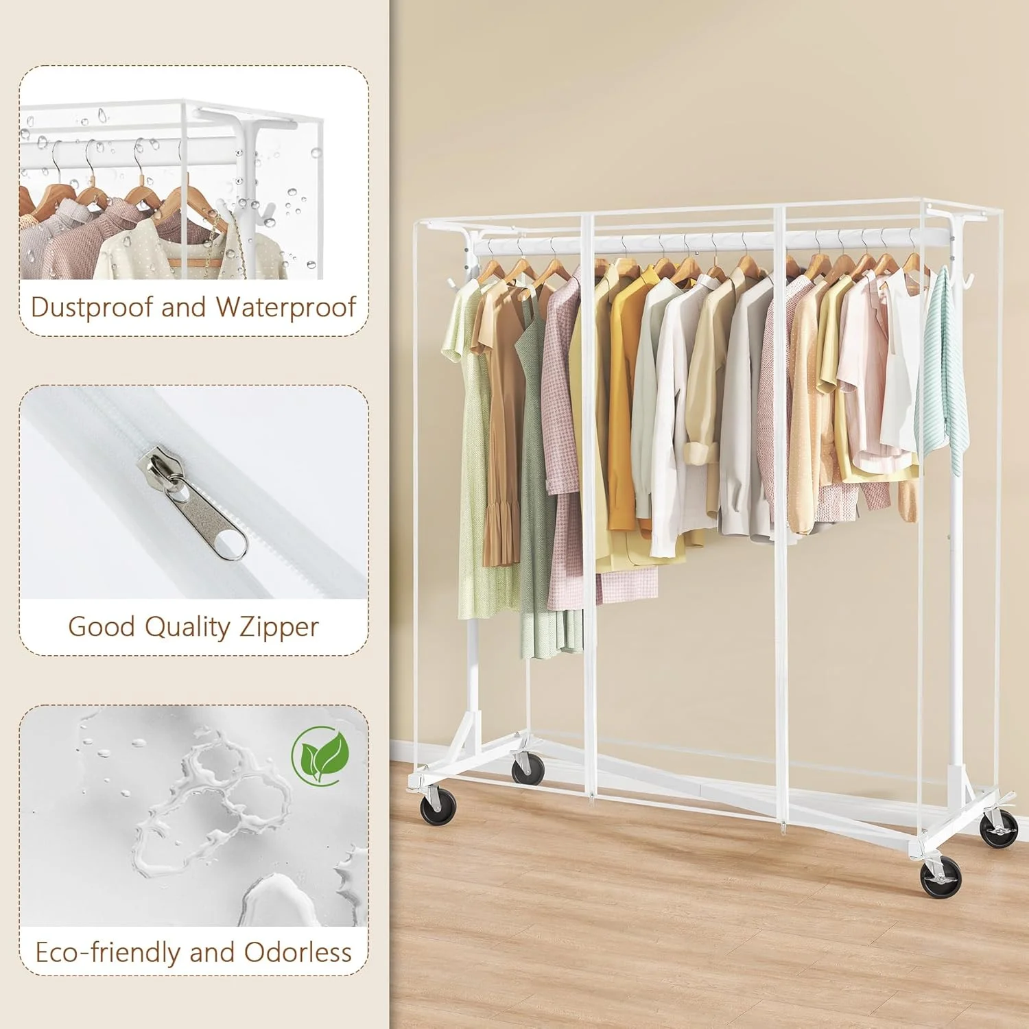 رگال لباس Z هوکتیون با روکش، رگال لباس فلزی سنگین، رگال لباس چرخ دار با چرخ، با روکش ضد گرد و غبار محافظ ضد آب، 2 زیپ بادوام، برای آویزان کردن لباس، سفید