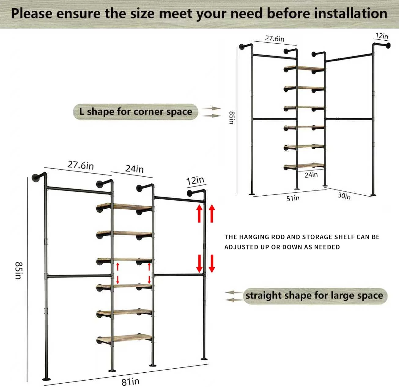 رگال لباس لوله صنعتی HKaikzo، رگال لباس دیواری دکور، برای کمد دیواری قفسه آویز لباس چند منظوره، 2 روش نصب