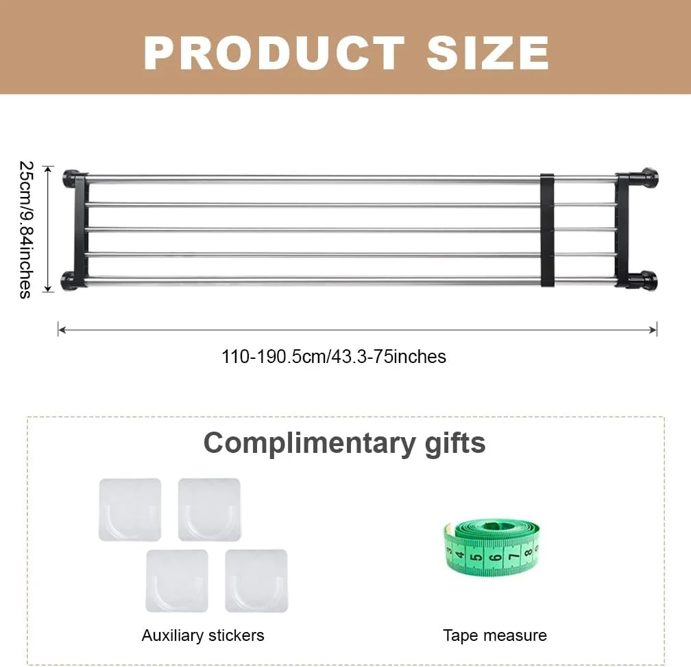 میله قفسه فشاری قابل گسترش Hershii، قفسه فلزی قابل تنظیم برای نگهداری لباس، مشکی