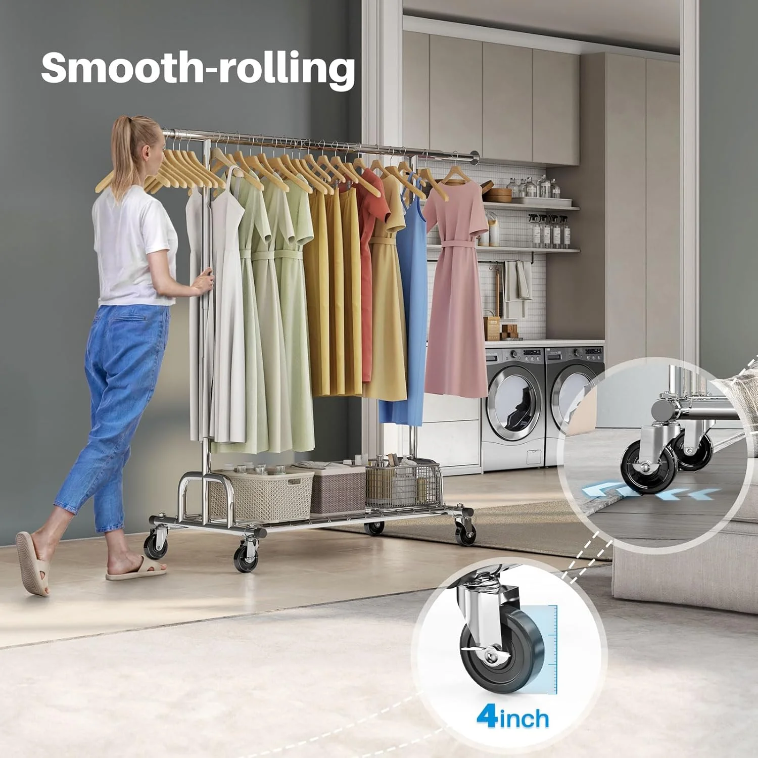 رگال لباس HOKEEPER با قفسه، ظرفیت 200 کیلوگرم، رگال لباس چرخ دار، رگال لباس تاشو تجاری سنگین، کروم