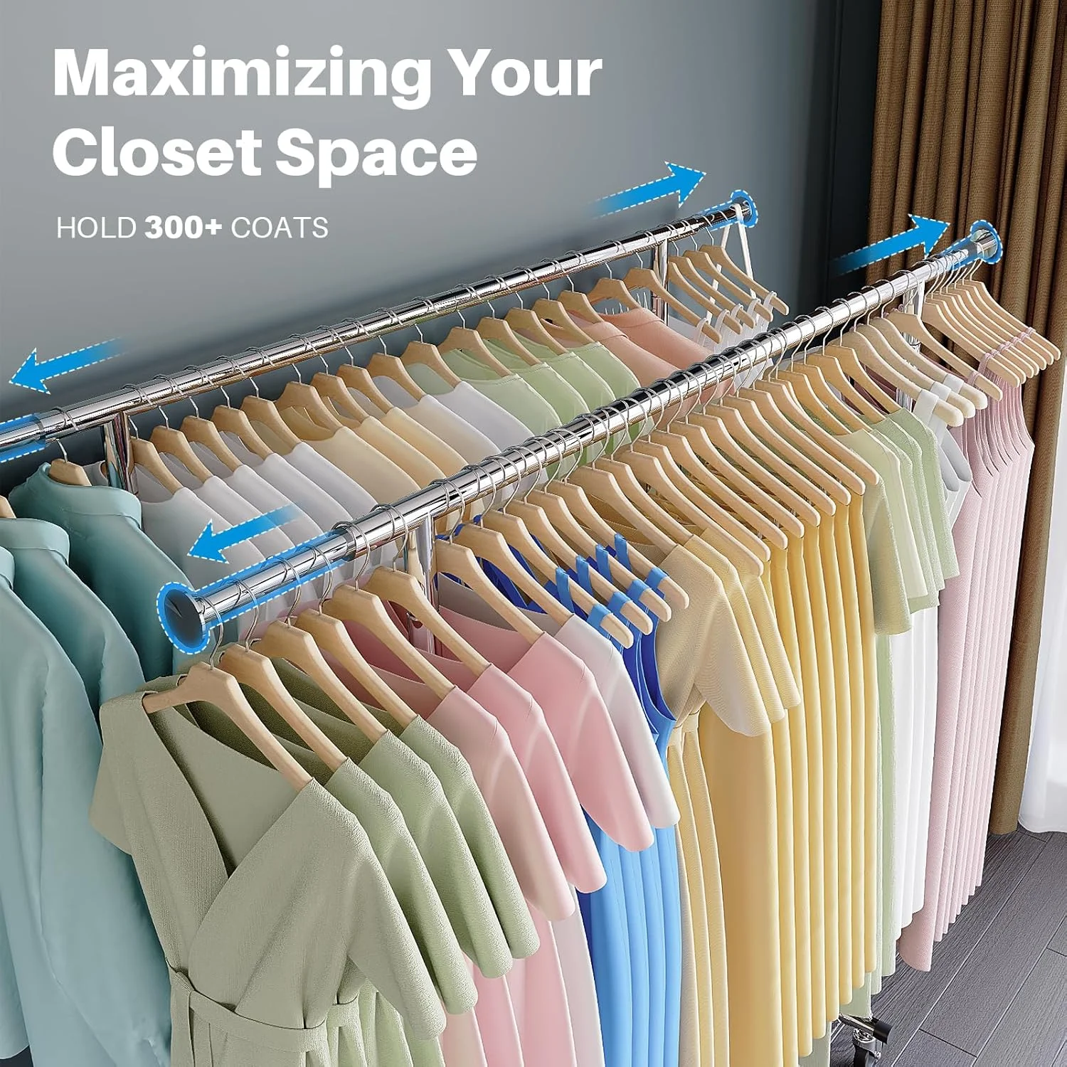 رگال لباس دو طبقه تجاری HOKEEPER با قفسه، رگال لباس چرخ دار تاشو قابل تنظیم با ریل دوبل سنگین، روکش کروم