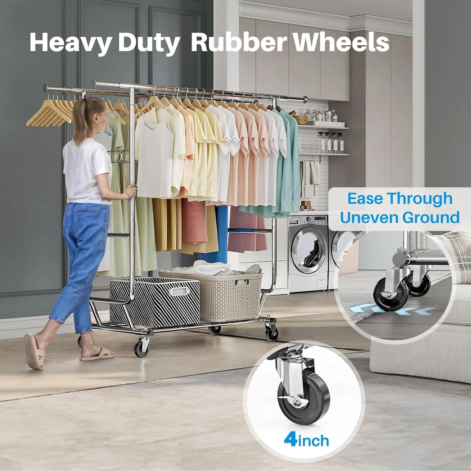 رگال لباس دو طبقه تجاری HOKEEPER با قفسه، رگال لباس چرخ دار تاشو قابل تنظیم با ریل دوبل سنگین، روکش کروم