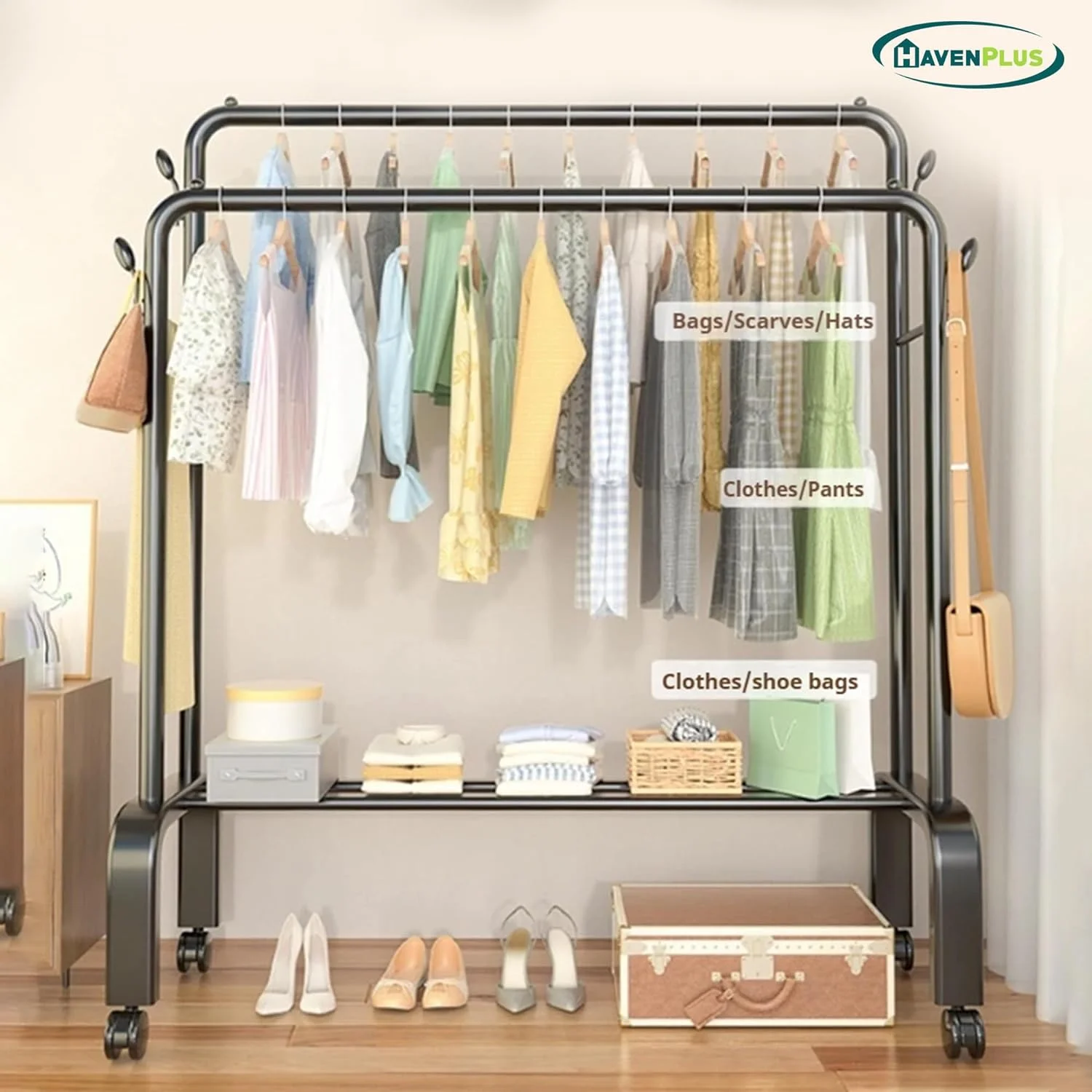 رگال لباس دو میله ای HavenPlus، سازمان دهنده کمد ایستاده با قفسه های ذخیره سازی، رگال آویز لباس سنگین با چرخ های قفل شونده برای اتاق خواب، ورودی و دفتر کار (مشکی)