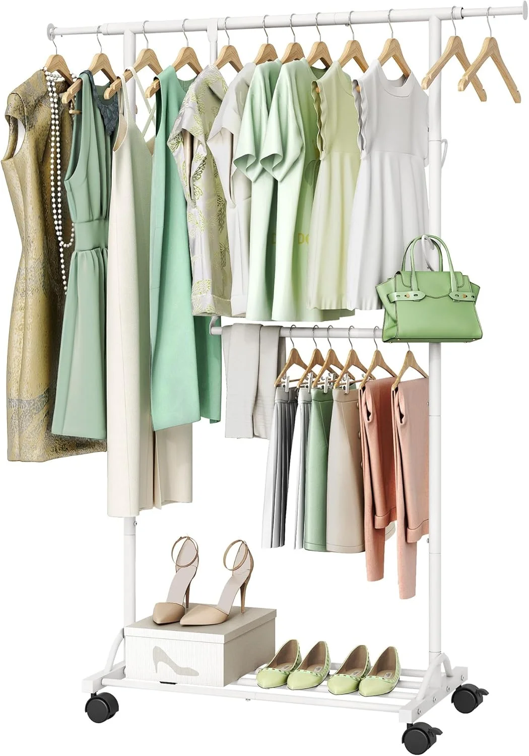 رگال لباس هوکتیون با طبقه زیرین، رگال آویز لباس دو میله سنگین با چرخ، رگال لباس چرخشی قابل افزایش با 2 قلاب، نمایشگر تجاری نگهداری لباس، سفید
