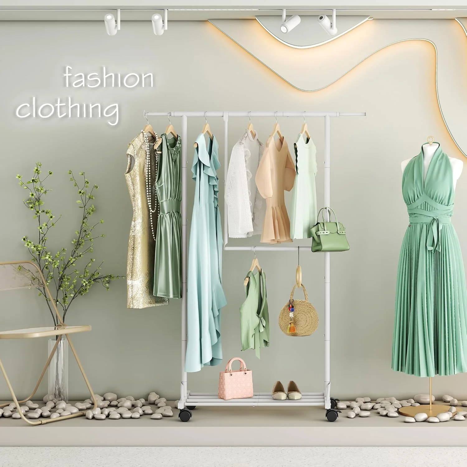 رگال لباس هوکتیون با طبقه زیرین، رگال آویز لباس دو میله سنگین با چرخ، رگال لباس چرخشی قابل افزایش با 2 قلاب، نمایشگر تجاری نگهداری لباس، سفید