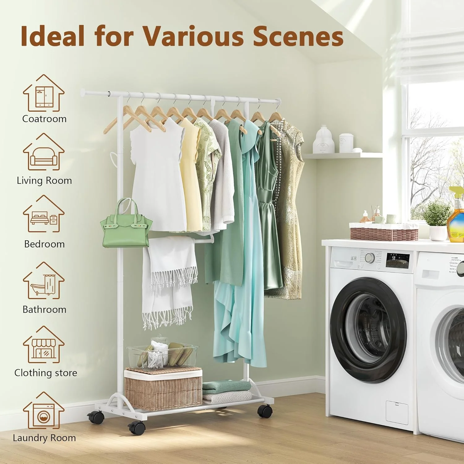 رگال لباس هوکتیون با طبقه زیرین، رگال آویز لباس دو میله سنگین با چرخ، رگال لباس چرخشی قابل افزایش با 2 قلاب، نمایشگر تجاری نگهداری لباس، سفید