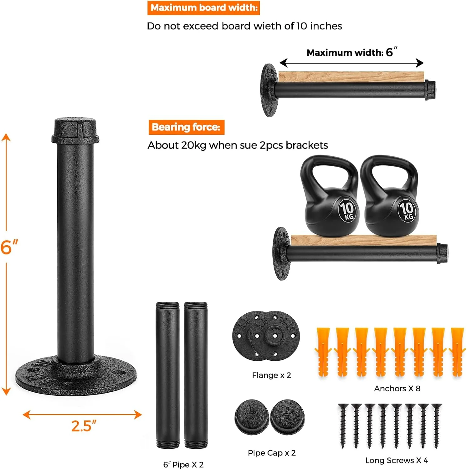 آویز لباس دیواری لوله صنعتی مشکی 6 اینچی Home Expert، رخت آویز سنگین برای آویزان کردن لباس، میله آویز چند منظوره برای نگهداری کمد، بسته 4 عددی