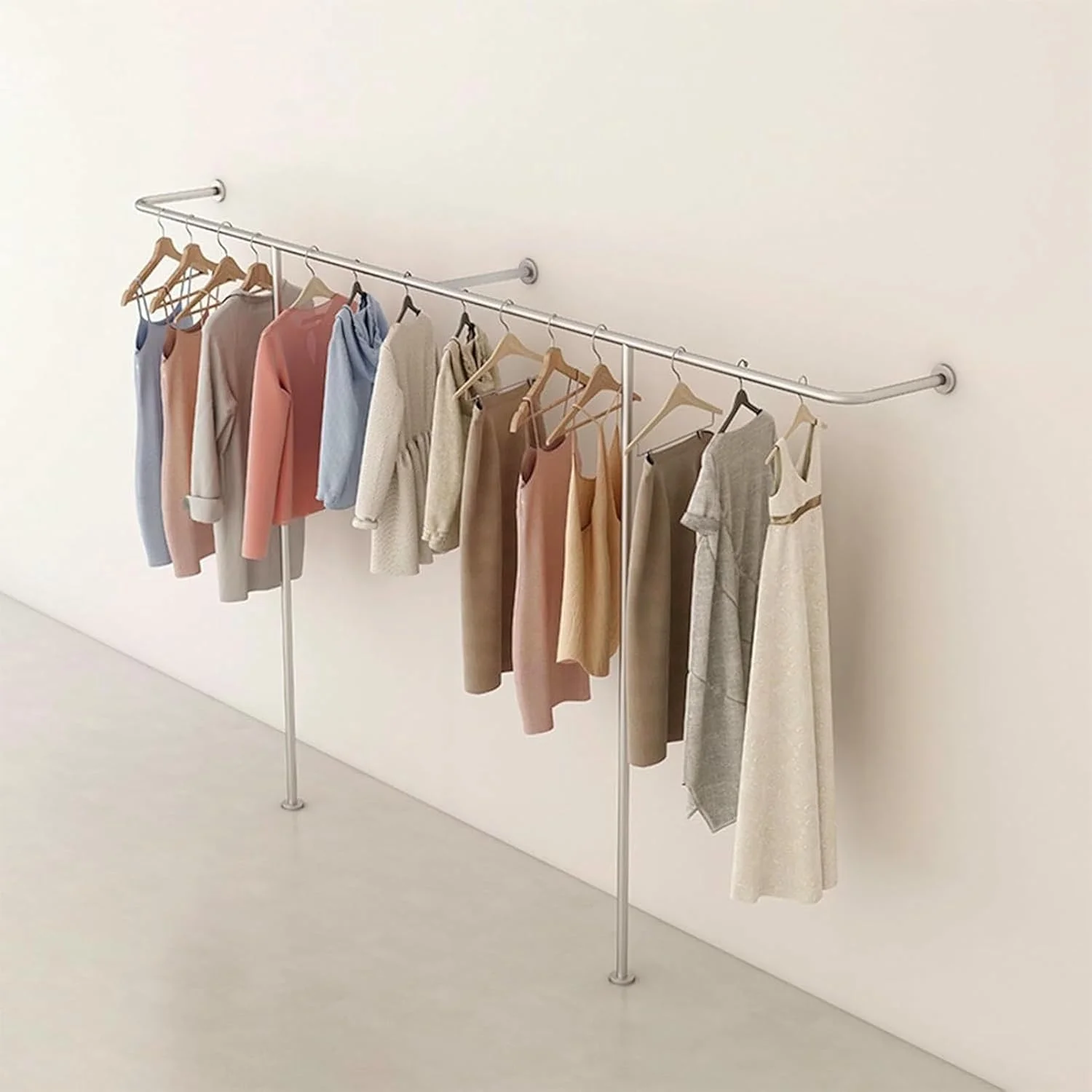 رگال لباس دیواری نقره ای صنعتی با پایه نمایشگر T شکل، مناسب برای فروشگاه، قفسه نظم دهنده لباس های سنگین، حوله و موارد دیگر