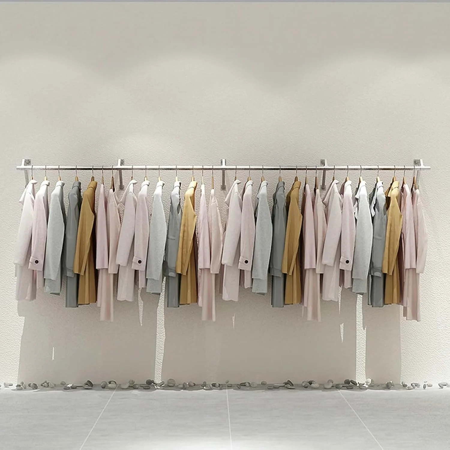 رگال لباس دیواری لوله صنعتی با قفسه های شناور، رگال نمایش فلزی برای استفاده خرده فروشی یا تجاری، میله لباس استیل ضد زنگ برای اتاق لباسشویی (150 سانتی متر)