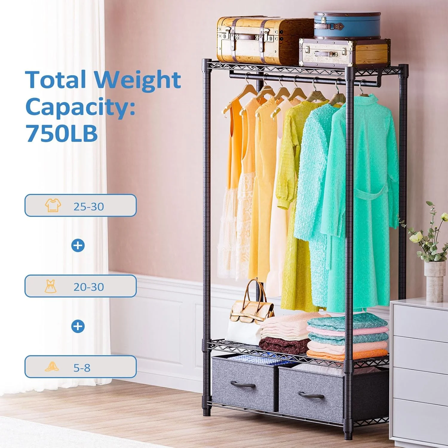 رگال لباس ایستاده فلزی IZEUK با کشو، رگال لباس سنگین با میله و 2 کشو، سازمان دهنده کمد لباس قابل تنظیم، 40 در 90 در 184 سانتی متر، خاکستری تیره