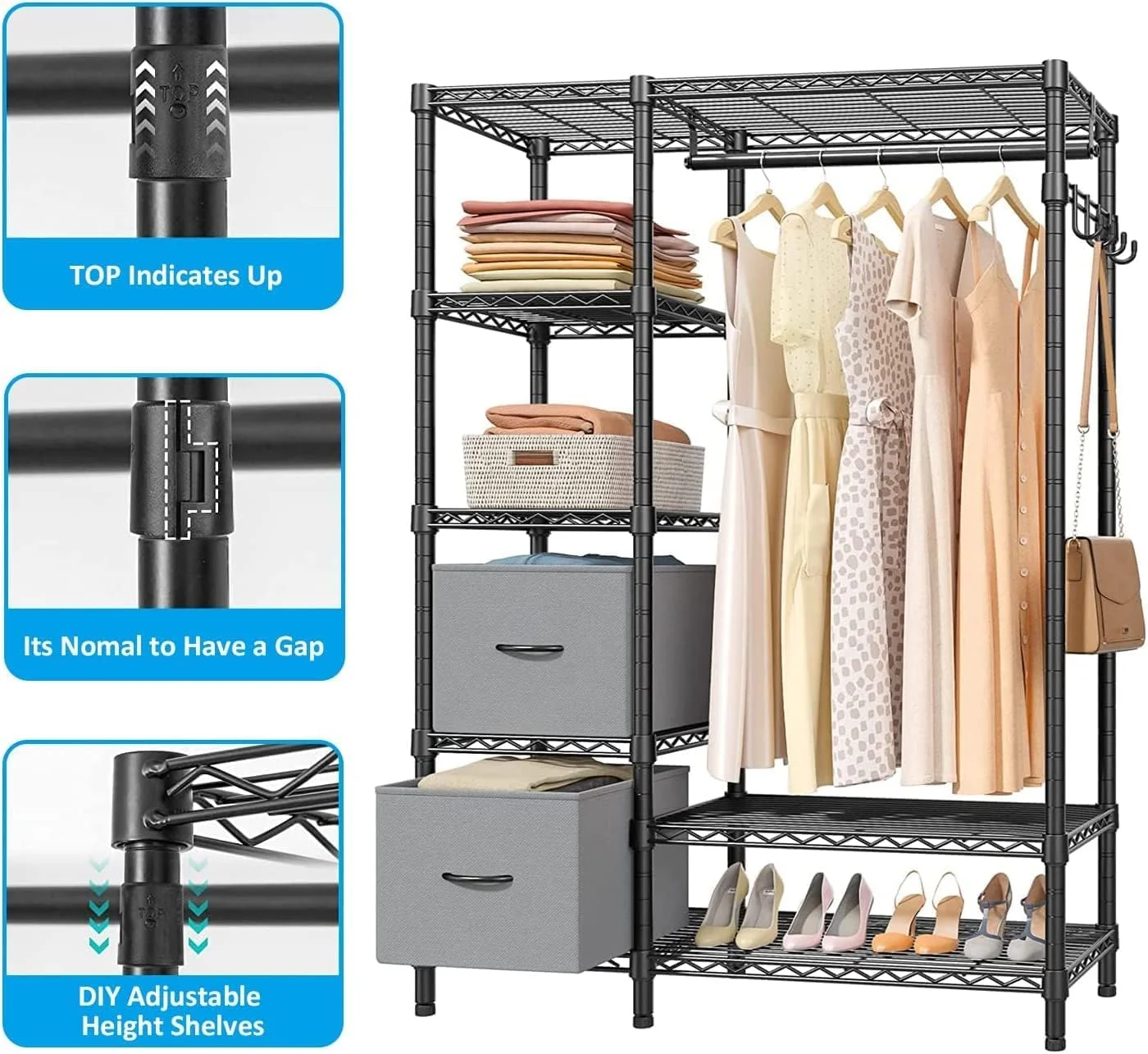 رگال لباس، رگال لباس سنگین برای آویزان کردن لباس، رگال لباس چند منظوره اتاق خواب کمد لباس مستقل (مشکی، نوع D)