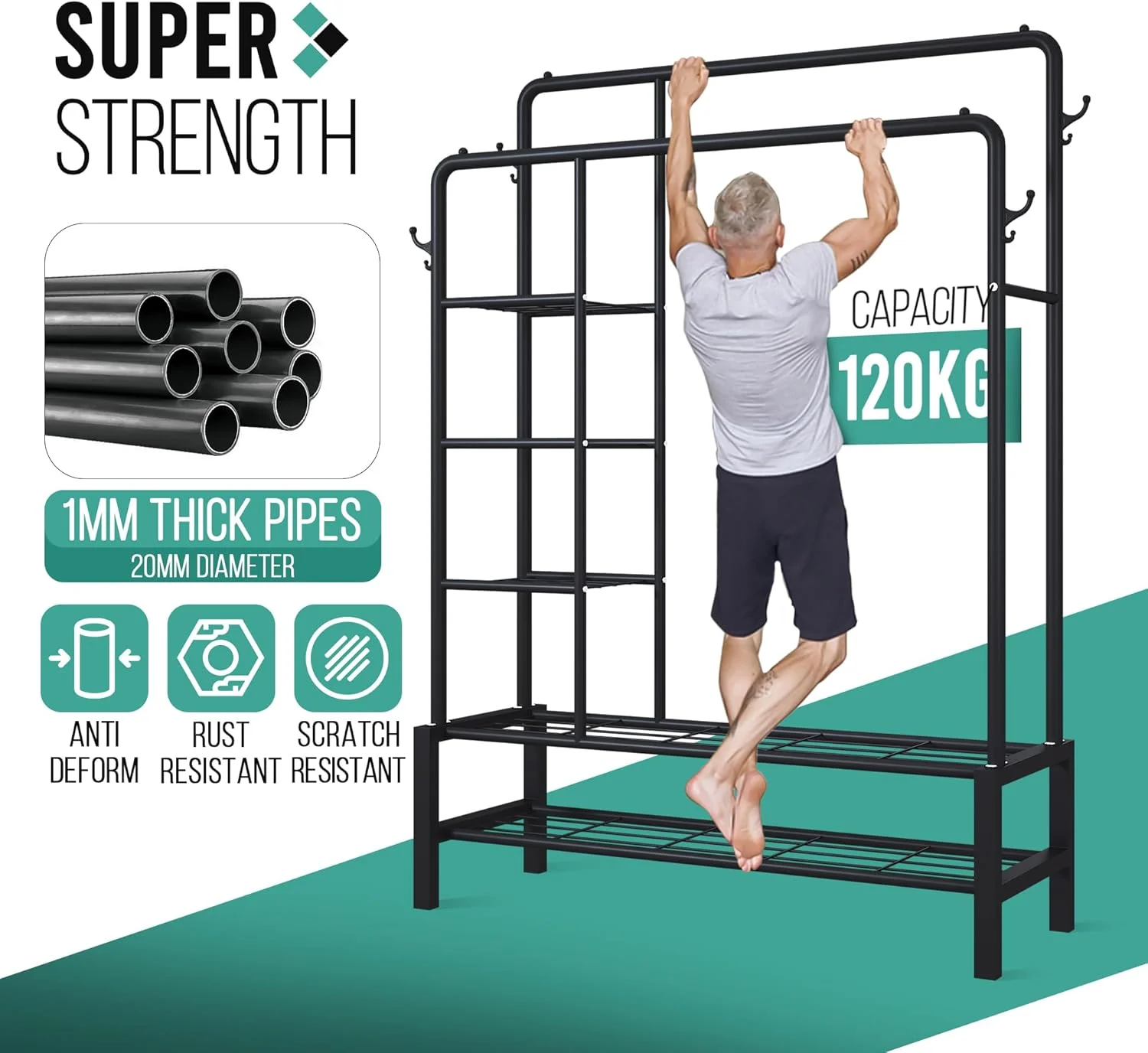 ریل لباس سنگین، ریل فلزی مشکی 120 کیلویی با ریل آویز لباس دوبل، قفسه کفش، قفسه های ذخیره سازی و 4 چوب لباسی، ریل لباس کمد لباس برای اتاق خواب، دفتر، فروشگاه