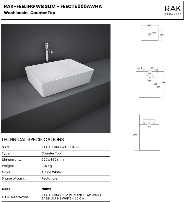 روشویی مستطیلی روکار سرامیک RAK مدل Feeling، طول 50 سانتی متر - سفید آلپاین (فقط روشویی، خروجی فاضلاب شامل نمی شود)