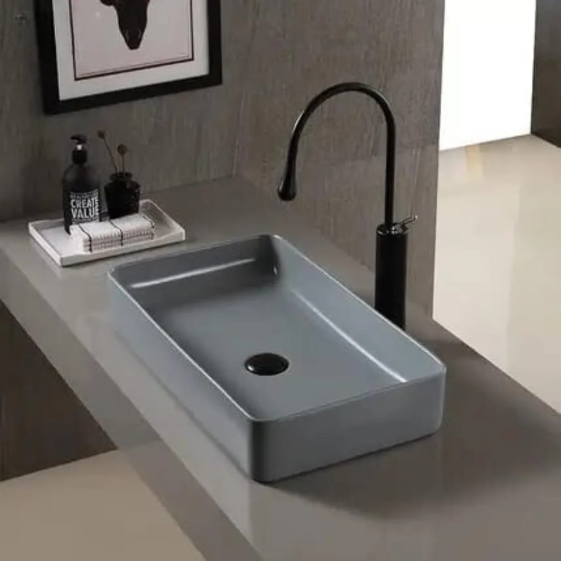 روشویی ریمننس، رومیزی سرامیکی | سینک روشویی روکار | روشویی برای حمام (61x35.5x10 سانتی متر) (خاکستری ساده)