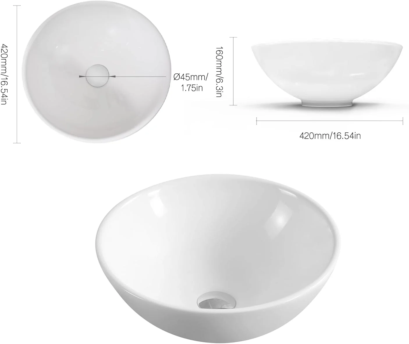 روشویی کاسه ای NUESTRA VIDA، گرد، لوکس، مناسب نصب روی کابینت، ۴۲x۴۲x۱۶ سانتی متر، روشویی سرامیکی، تمیز کردن آسان، سرامیک سفید مدرن