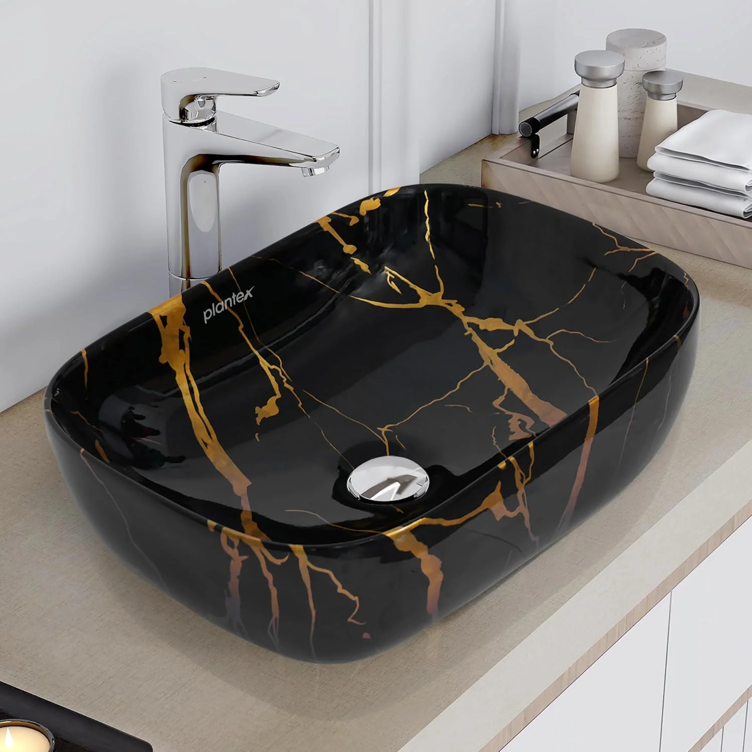 روشویی سرامیکی رومیزی پلنتکس برای حمام / روشویی مرمری رومیزی / روشویی روکار برای اتاق نشیمن / سینک حمام (رگه های طلایی - 45.72x33.02x13.97 سانتی متر)