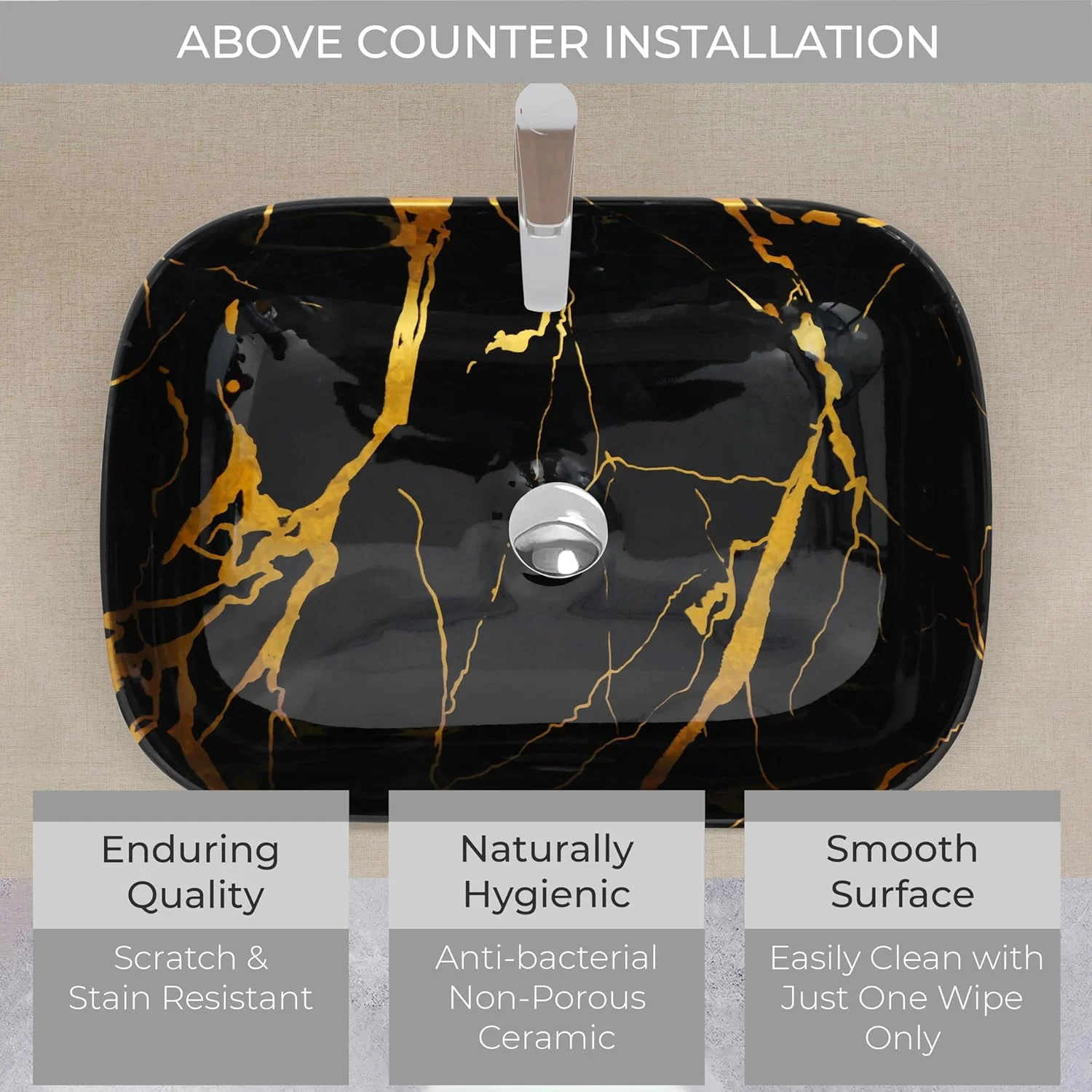 روشویی سرامیکی رومیزی پلنتکس برای حمام / روشویی مرمری رومیزی / روشویی روکار برای اتاق نشیمن / سینک حمام (رگه های طلایی - 45.72x33.02x13.97 سانتی متر)