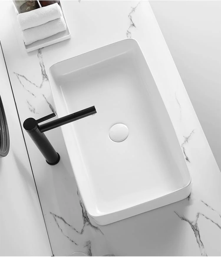 روشویی روکار | سینک سرامیکی رومیزی حمام | روشویی روی کابینت | روشویی برای حمام، رستوران، اتاق نشیمن (سفید براق، 60x35x12.5 سانتی متر)