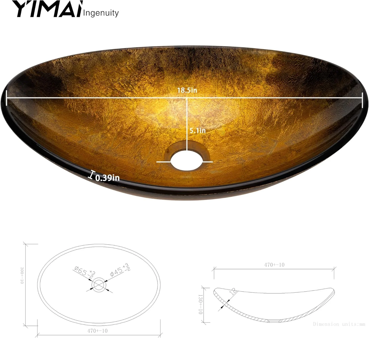 روشویی شیشه ای بیضی شکل YIMAI، 47x30 سانتی متر - کاسه روشویی طلایی مشکی گرادیانی برای حمام های مدرن، روشویی رومیزی برای سرویس بهداشتی یا روشویی مهمان