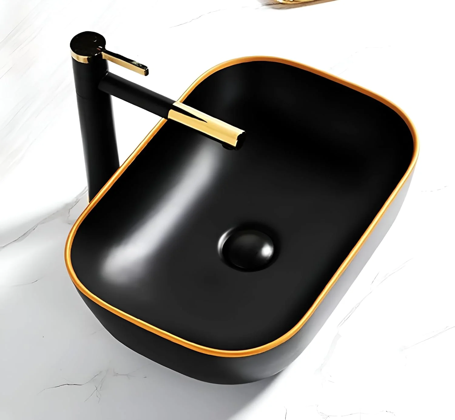 روشویی سرامیکی رومیزی وارداتی درجه یک OSOSAM با لبه باریک برای حمام (45.72x33.02x13.97 سانتی متر، مشکی مات با نوک طلایی)