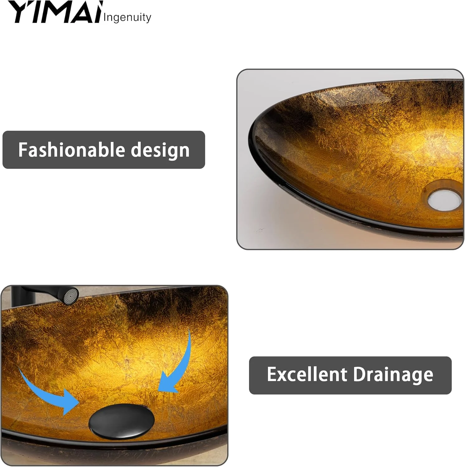 روشویی شیشه ای بیضی شکل YIMAI، 47x30 سانتی متر - کاسه روشویی طلایی مشکی گرادیانی برای حمام های مدرن، روشویی رومیزی برای سرویس بهداشتی یا روشویی مهمان