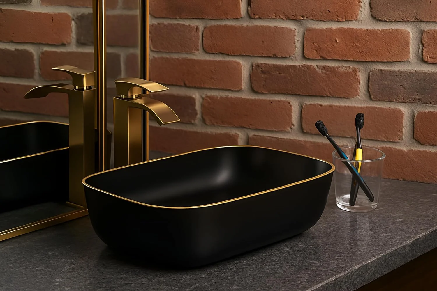 روشویی سرامیکی رومیزی وارداتی درجه یک OSOSAM با لبه باریک برای حمام (45.72x33.02x13.97 سانتی متر، مشکی مات با نوک طلایی)