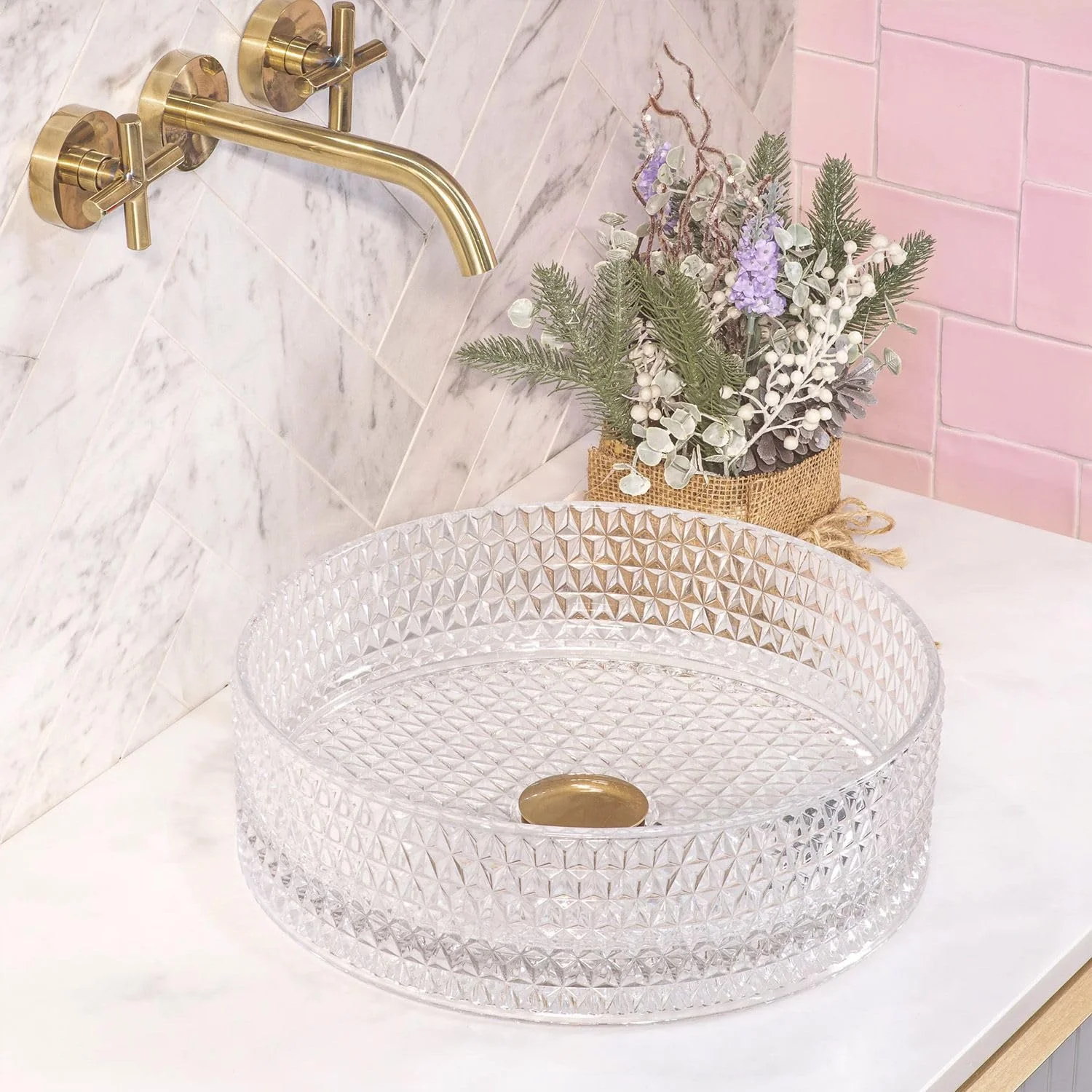 روشویی شیشه ای شفاف Rea Cristal، روشویی دستی، سینک برای حمام، ساخته شده از سرامیک، 355 میلی متر در 355 میلی متر در 115 میلی متر (شفاف)