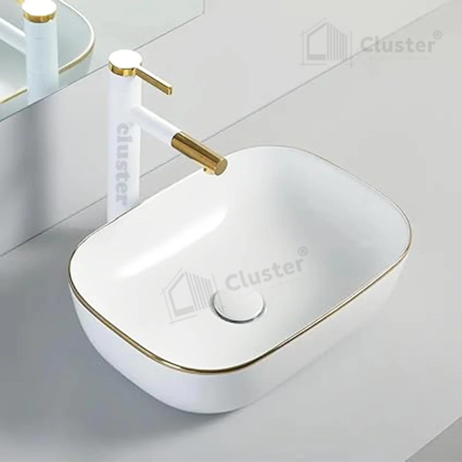 روشویی سرامیکی رومیزی طرح CLUSTER مناسب دکوراسیون حمام و اتاق نشیمن، حاشیه سفید و طلایی، مستطیلی، 455x320x135 میلی متر