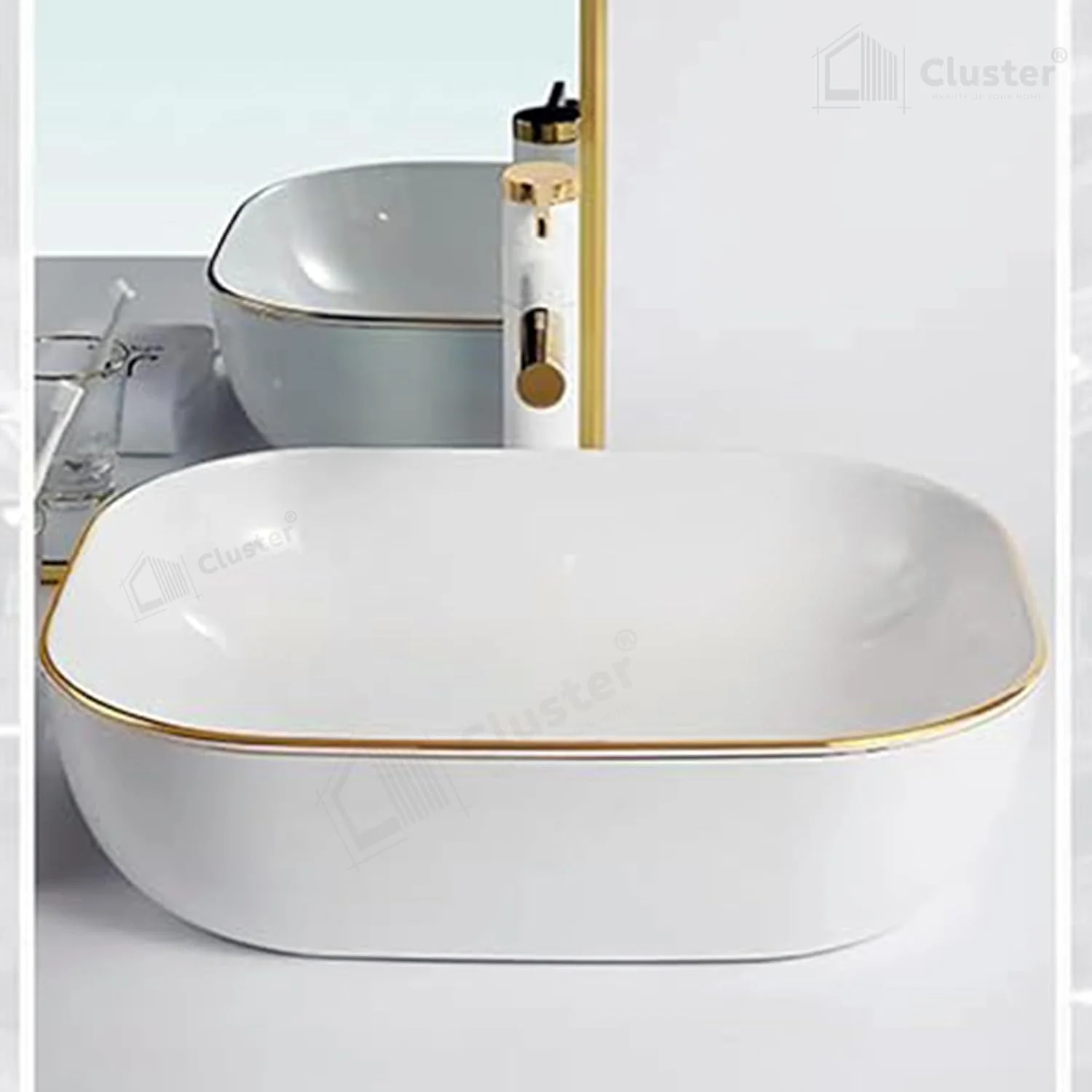 روشویی سرامیکی رومیزی طرح CLUSTER مناسب دکوراسیون حمام و اتاق نشیمن، حاشیه سفید و طلایی، مستطیلی، 455x320x135 میلی متر